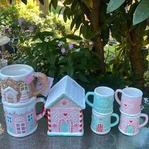 Pastel gingerbread house canister with matching espresso mugs & mugs